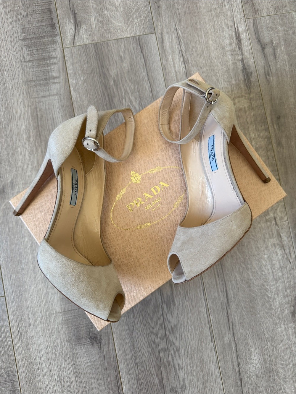 Prada Y2K Quarzo Suede Peep Toe Ankle Strap Stiletto Heels Size 38 Coquette
